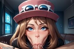 1boy :>= ai_generated blue_eyes blush brown_hair cum eyewear_on_headwear fellatio female hat hi_res high_resolution indoors lips long_hair looking_at_viewer oral patreon penis pink_headwear pov pov_crotch saliva serena_(pokemon) solo_focus straight sunglasses veins veiny_penis vexnflex watermark