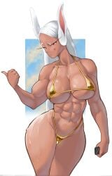 1girls 2025 abs absurd_res animal_ears animal_humanoid belly_button biceps big_breasts bikini breasts brown_body brown_skin busty cleavage clothed clothed_female clothing cowboy_shot dark-skinned_female dark_skin female front_view gesture gold_bikini hair hi_res holding_object holding_phone hourglass_figure humanoid large_breasts legs_together long_hair looking_at_viewer micro_bikini muscular muscular_arms muscular_female my_hero_academia navel phone rabbit_ears rabbit_humanoid raised_eyebrows red_eyes rumi_usagiyama skindentation smartphone smile smiling smiling_at_viewer smirk solo standing stomach sweat sweatdrop sweating sweaty sweaty_body sweaty_breasts sweaty_thighs thick_thighs thigh_gap thighs thong_bikini very_long_hair white_hair wide_hips xiprm