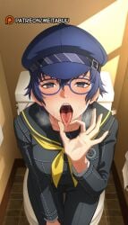 ai_generated bathroom black_pants black_sailor_collar blue-framed_eyewear blue_eyes blue_hair blue_headwear blush breasts cabbie_hat fellatio_gesture female from_above glasses grey_eyes hair_between_eyes hat indoors long_sleeves looking_at_viewer meitabuu neckerchief open_mouth oral_invitation pants persona persona_4 sailor_collar saliva school_uniform serafuku sexually_suggestive shirogane_naoto short_hair sitting solo sweat teeth toilet toilet_stall tongue tongue_out upper_teeth_only uvula yasogami_school_uniform yellow_neckerchief