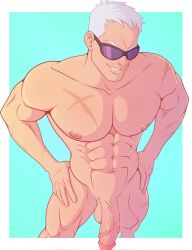 1boy bara daddy dilf gay grey_hair hands_on_hips male male_only muscular muscular_male osaki_re_born overwatch pecs scar soldier_76 sunglasses tagme veiny_penis white_male yaoi