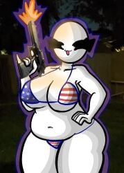 1girls american_flag_bikini bald bald_female belly belly_button bikini bikini_bottom bikini_top black_eyes breasts chetoh chubby chubby_female claire_(chetoh) cleavage egg female female_focus female_only firing_gun gun hand_on_hip looking_at_viewer oc original original_character photo_background smile smiling smiling_at_viewer tongue tongue_out white_body