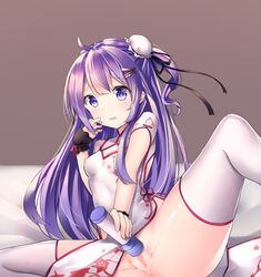 ahoge anus azur_lane bangs black_ribbon blush breasts bun_cover censored china_dress chinese_clothes commentary_request dress erect_nipples eyebrows_visible_through_hair female hair_bun highres hitachi_magic_wand holding masturbation mosaic_censoring parted_lips purple_eyes purple_hair pussy ribbon short_sleeves side_bun small_breasts solo spread_legs thighhighs unicorn_(azur_lane) vibrator white_dress white_legwear wrist_cuffs zhao_(pixiv12947327)