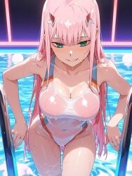 2025 ai_generated anime black_eyebrows crunchyroll darling_in_the_franxx female green_eyes_female instagram manga meta pink_hair_female pool_background red_horns teeth_showing unknown_artist wet_body wet_skin wet_swimsuit white_swimsuit zero_two_(darling_in_the_franxx)