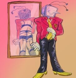 1boy 2025 antennae clothing deltarune deltarune_chapter_3 digital_drawing_(artwork) digital_media_(artwork) funny half-dressed half_naked hi_res high_resolution highres humor lingerie lingerie_under_clothes male male_only meme meme_attire meme_clothing mirror mirror_reflection pointy_nose solo solo_male stockings suit suit_and_tie tenna_(deltarune) tie tv tv_head underwear