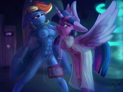 2018 abs alicorn anthro areola breasts clipboard duo equine eyelashes feathered_wings feathers female friendship_is_magic hair hi_res holding_object horn inside mammal multicolored_hair my_little_pony nipples nude oddciders pegasus pussy pussy_juice rainbow_dash_(mlp) smile straight_hair twilight_sparkle_(mlp) wings