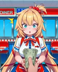 1boy 1girls ai_generated akai_haato blonde_hair blue_eyes blush hololive long_hair money red_skirt suprised thighs twintails virtual_youtuber waitress white_shirt