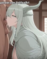 1boy 1girls ai_generated artifical_art balls big_breasts blowjob blowjob_face blush cum cum_in_mouth cum_in_pussy cum_inside cum_inside_mouth dragon_girl grey_hair horns light-skinned_female light_skin long_hair oral oral_creampie oral_penetration oral_sex paarthurnax penis penis_in_mouth perfect_body sex skyrim sucking sucking_penis the_elder_scrolls white_eyes white_hair