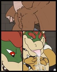 2015 2boys 4:5 5_fingers alexgoneloco anthro anus backsack balls black_border bodily_fluids border bowser bracelet brown_balls brown_body butt claws collar comic digital_media_(artwork) drooling duo fingers fur furry furry_male furry_only gay genitals hair horns jewelry koopa male male_anthro male_only mammal mario_(series) mature mature_male membrane_(anatomy) membranous_wings nintendo nude open_mouth perineum pink_tongue plaguerat_(character) raised_tail red_eyes red_hair reptile saliva scales scalie shell smile spiked_bracelet spiked_collar spikes tail teeth tongue tongue_out wings yaoi yellow_body yellow_scales