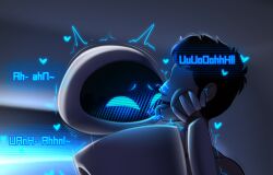 2025 4_fingers ambiguous_gender black_hair blue_eyebrows blue_eyes blue_text blush blush_lines dibujito disney duo english_text eve_(wall-e) extraterrestrial_vegetation_evaluator eyebrows eyeless face_grab face_lick female_(lore) fingers hair heart_symbol hearts_around_head hi_res human inside interspecies licking light lighting looking_pleasured machine male male/ambiguous male_human mammal moan not_furry offscreen_sex pixar robot saliva_on_face screen screen_face shaded short_hair text tongue tongue_out wall-e white_body