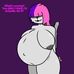 1:1 anthro bangs big_breasts breasts dark_nipples felid feline female grey_body hair hi_res mammal obscured_eyes pink_hair pregnant pregnant_female purple_hair solo split_color squishyskunk thick_thighs vore