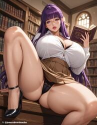 1girls ai_generated alternate_version_available big_breasts book bookshelf breasts female fern_(sousou_no_frieren) frieren_beyond_journey's_end glasses high_heels jamesdeanbooba long_hair looking_at_viewer low-angle_view panties pov purple_eyes seductive seductive_look sousou_no_frieren thick_thighs thighs watermark