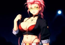 ai_generated big_breasts breasts civitai cosplay crimson_viper glasses high_leg_thong jacket red_bra solar3 street_fighter tenchi_muyo! washu_hakubi yellow_glasses