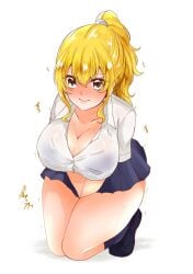 1girls blonde_hair blue_bra blue_skirt blush bra bra_visible_through_clothes breasts female gyaru hand_between_legs have_to_pee kinagirea large_breasts original school_uniform shirt skirt sweat white_shirt