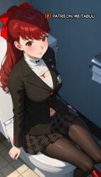 ai_generated atlus black_jacket black_pantyhose black_skirt blush bow breasts cleavage cleavage_cutout closed_mouth clothing_cutout female from_above hair_ribbon hairbow indoors jacket large_breasts lips long_hair long_sleeves looking_at_viewer medium_breasts meitabuu miniskirt navel pantyhose persona persona_5 persona_5_royal plaid plaid_skirt pleated_skirt ponytail red_bow red_eyes red_footwear red_hair red_ribbon ribbon school_uniform shirt shuujin_academy_school_uniform sitting skirt smile solo sumire_yoshizawa tile_floor tiles toilet toilet_paper toilet_stall turtleneck white_shirt yoshizawa_kasumi