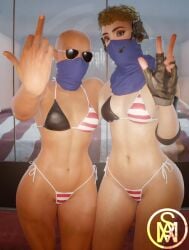 2girls 3d american_flag_bikini bald_female bandana bikini blender_(software) freckles gloves green_eyes headphones looking_at_viewer mask masked_female middle_finger middlemansfm original original_character peace_sign short_hair sunglasses the_division the_division_2 true_sons ubisoft