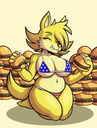 2025 anthro big_breasts bikini bikini_bottom bikini_top breasts canid canine canis closed_eyes clothing curvy_figure eating eating_food ellie_the_wolf fan_character female food fours_(artist) fourssss fur hi_res holding_food holding_object mammal sega solo sonic_(series) sonic_the_hedgehog_(series) swimwear thick_thighs two-piece_swimsuit wolf yellow_body yellow_fur