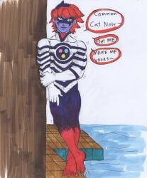 big_bulge blue_eyes bodysuit cat_noir evillustrator eye_mask homosexual male masked_male mentioned_character miraculous_ladybug multicolored_clothing nathaniel_kurtzberg poolside red_hair rubber_suit spandex toes villain violet_skin