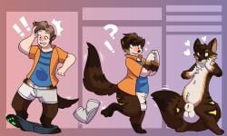 5:3 animal_genitalia anthro balls blush bottomless brown_body brown_fur brown_hair canid canine clothed clothing discarded_clothing fox fully_sheathed fur fur_growth genitals growth hair heart_symbol hi_res human male mammal nude pawpads sheath snout snout_growth solo tail tail_growth transformation transformation_sequence trubbol white_body white_fur
