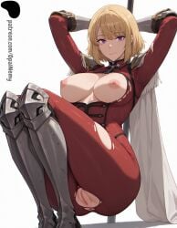 1girls ai_generated anus_peek armor bangs blonde_hair bodysuit breasts cape cha_hae_in exposed_breasts eyebrows_visible_through_hair female hair_between_eyes hi_res high_quality high_resolution highres holding_sword large_breasts legs legs_together light lips looking_at_viewer nipples nose opal_nemy patreon patreon_logo patreon_url patreon_username plain_background planted_sword purple_eyes pussy red_bodysuit self_upload shadow short_hair shoulder_armor simple_background solo solo_leveling squatting sword thick_thighs thighs torn_bodysuit torn_clothes uniform watermark white_background white_cape