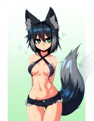 ai_generated black_hair criss-cross_halter cutoffs dipstick_tail emotionless female female fox_ears fox_girl fox_tail green_eyes grey_highlights halter_top hearts_around_head kuudere lowleg lowleg_shorts medium_breasts navel parted_lips petite solo tailwag thigh_gap underboob wagging_tail zorkpics