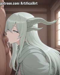 1boy 1girls ai_generated artifical_art balls big_breasts blowjob blowjob_face blush cum cum_in_mouth cum_in_pussy cum_inside cum_inside_mouth dragon_girl grey_hair horns light-skinned_female light_skin long_hair oral oral_creampie oral_penetration oral_sex paarthurnax penis penis_in_mouth perfect_body sex skyrim sucking sucking_penis the_elder_scrolls white_eyes white_hair