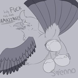 ambiguous_gender animal_genitalia avian beak bird blush cloaca egg egg_laying english_text feathered_wings feathers feral lying pigeon raised_tail sketch solo svenno svi text tongue wings