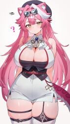 ? absurdres animal_ears arms_behind_back artist_name ascot asymmetrical_legwear bare_shoulders beret black_garter_straps black_hat blue_gemstone blush breasts cleavage closed_mouth collarbone collared_shirt commentary english_commentary female garter_straps gem goggles goggles_on_head hair_intakes hat highres hololive hololive_english huge_breasts long_hair looking_at_viewer multicolored_hair o-rindou5100 panther_ears panther_girl panther_tail pink_hair pink_tail raora_panthera raora_panthera_(1st_costume) shirt shorts side_slit side_slit_shorts simple_background single_garter_strap solo streaked_hair tail thick_thighs thigh_strap thighhighs thighs two-tone_hair underbust very_long_hair virtual_youtuber white_ascot white_background white_hair white_shirt white_shorts white_thighhighs yellow_eyes