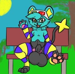 3d_glasses accessory anthro arm_warmers armwear balls bench big_balls bow_ribbon clothing crayon_(character) dorkusprimearts eyewear generation_4_pokemon genitals gesture glasses hi_res huge_balls legwear looking_at_viewer male nintendo park park_bench paws penis penis_accessory penis_bow penis_ribbon plant pokemon pokemon_(species) ribbons shinx small_penis solo sun thigh_highs tree waving waving_at_viewer
