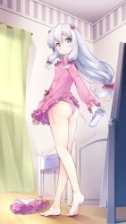 ass bare_legs blue_eyes blush bow cellphone clothes_removed clothing cute cute_ass cute_butt dat_ass eromanga_sensei feet full_body hairbow izumi_sagiri legs long_hair looking_back matsuuni no_pants pajamas panties phone phone_screen pink_panties round_ass shorts_removed side-tie_panties silver_hair standing taking_picture thighs thong tied_hair underwear white_hair wrong_feet