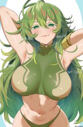 1girls absurdres aqua_background arms_behind_head artist_name bikini boku_no_hero_academia breasts bright_pupils closed_mouth commentary english_commentary female gloves green-haired_female green_bikini green_eyes green_hair hair_between_eyes heavy_breathing highres large_breasts light-skinned_female long_hair looking_at_viewer micchan_(micchanmeido) multicolored_hair my_hero_academia navel post-timeskip simple_background slim_waist solo streaked_hair superheroine swimsuit tooru_hagakure tooru_hagakure_(post-timeskip) tooru_hagakure_(visible) twitter_username very_long_hair white_background white_pupils wide_hips
