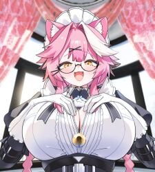absurdres alternate_costume animal_between_breasts animal_ear_fluff animal_ears between_breasts black_dress blurry blurry_background blush braid breasts center_frills chattino_(raora_panthera) commentary dot_nose dress english_commentary fangs female frills glasses gloves gurumie hair_ornament hairclip highres hololive hololive_english huge_breasts long_hair looking_at_viewer maid maid_headdress multicolored_hair oerba_yun_fang open_mouth panther_ears panther_girl pink_hair raora_panthera smile solo streaked_hair twin_braids twintails unzipped virtual_youtuber white_dress white_gloves yellow_eyes