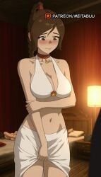 1boy ai_generated arm_under_breasts avatar_the_last_airbender bare_shoulders bed bedroom bikini bikini_top_only blurry blush braid braided_ponytail breasts brown_eyes brown_hair choker cleavage closed_mouth clothes_lift collarbone cowboy_shot curtains desk_lamp embarrassed female hand_on_own_arm holding_own_arm indoors lamp large_breasts long_hair looking_down meitabuu navel nickelodeon pillow red_choker sarong single_braid skirt skirt_lift solo_focus standing stomach swimsuit ty_lee white_bikini white_sarong white_skirt wooden_floor
