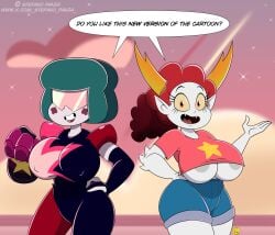 2025 2girls areola_slip ass big_ass big_breasts breasts cartoon_network costume dialogue disney_channel eclipsa_butterfly female female_only garnet_(steven_universe) green_hair hekapoo hourglass_figure ilpanza looking_at_viewer pale_skin red_hair shades smile star_vs_the_forces_of_evil steven_quartz_universe steven_universe thick_thighs voluptuous_female