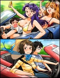3boys 3girls alcohol asuka_langley_sohryu big_breasts bikini black_hair blue_hair brown_eyes brown_hair car embarrassed glasses huge_breasts ikari_shinji katsuragi_misato neon_genesis_evangelion nosebleed orange_eyes purple_hair rei_ayanami smile