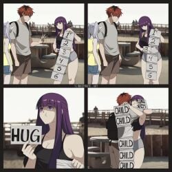 4_panel_comic fern_(sousou_no_frieren) frieren frieren_beyond_journey's_end hug humor meme midriff pouting purple_hair red_hair short_shorts shorts stark_(sousou_no_frieren)