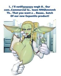 areola big_breasts blush breasts clothed clothing darkminou dialogue eyebrows eyelashes female fingers front_view goblin green_body hair hi_res huge_breasts nipple_fetish nipple_pinch nipple_play not_furry open_mouth piercing pinch pupils solo_focus text