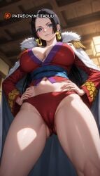 ai_generated ass_visible_through_thighs black_hair blue_eyes blue_sash blurry blurry_background blush boa_hancock breasts cameltoe cape cleavage closed_mouth clothing collarbone crop_top earrings epaulettes female female_only forehead from_below fur_trim hands_on_own_hips indoors jewelry large_breasts lips long_hair long_sleeves looking_at_viewer looking_down meitabuu midriff navel no_pants one_piece panties parted_bangs red_panties red_shirt sash shirt smile solo standing stomach thighs underwear white_cape white_coat
