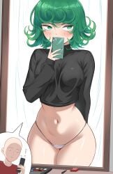 1boy 1girls bald bare_thighs bikini bikini_bottom_only black_sweater blush breasts cellphone commentary condom_box english_commentary female flip_phone green-haired_female green_eyes green_hair green_nails highleg_panties highres holding holding_phone makeup_brush male medium_breasts micchan_(micchanmeido) micro_bikini midriff mirror navel no_pants one-punch_man panties phone reflection saitama selfie short_hair smartphone string_panties sweater swimsuit tatsumaki text_messaging thick_thighs thong turtleneck turtleneck_sweater white_bikini wide_hips