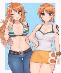 1girls artist_name big_breasts bikini_top busty cleavage curvy light-skinned_female light_skin nami_(one_piece) one_piece orange_eyes orange_hair purrlucii tattoo wink