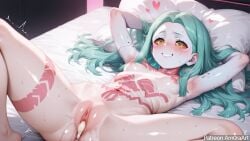ai_generated amoraart bed body breasts cum cybernetic cyberpunk:_edgerunners cyberpunk_2077 details dripping eyes fluids green hair heart leaking legs light lying markings mechanical messy on rebecca_(edgerunners) skin small smile solo spread vaginal_penetration wet yellow