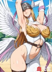 1girls ai_generated angel angel_wings angewomon armpit_fetish armpits asymmetrical_clothes belt blonde_hair covered_eyes curvy cutout digimon digimon_(species) digimon_adventure hanajisensei helmet_over_eyes mature mature_female mature_woman midriff milf navel navel_cutout sweat thigh_strap winged_helmet 鼻血先生