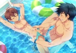 2boys black_hair brown_hair closed_eyes erection gay gay_male grin innertube male multiple_boys nipples penis pool smile swimsuit water yaoi