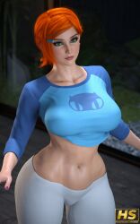 1girls 3d aged_up ben_10 breasts cartoon_network cleavage curvy digital_media_(artwork) female female_only ginger ginger_hair green_eyes gwen_tennyson hagiwara_studio huge_ass huge_breasts orange_hair realistic red_hair short_hair solo thick_lips voluptuous wide_hips