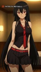 ai_generated akame_(akame_ga_kill!) akame_ga_kill! bare_arms bare_shoulders belt belt_buckle black_hair black_shirt black_skirt breasts buckle cleavage closed_mouth collarbone collared_shirt contrapposto cowboy_shot crop_top female groin hair_between_eyes indoors large_breasts long_hair looking_at_viewer medium_breasts meitabuu midriff midriff_peek miniskirt navel necktie pleated_skirt red_belt red_eyes red_necktie shirt skirt sleeveless sleeveless_shirt smile solo standing stomach straight_hair very_long_hair wing_collar
