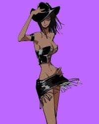 1girls black_hair breasts clothed clothing covering_breasts cowboy_hat curvy curvy_figure female female_only guaguapiu hand_on_hip looking_at_viewer midriff midriff_baring_shirt nico_robin nico_robin_(pre-timeskip) one_piece short_skirt skinny skirt smirk smirking_at_viewer tan_body tan_skin thin_waist