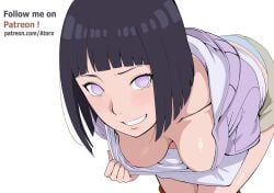 adult alluring atorx atorx_(artist) bangs bare_shoulders big_breasts blunt_bangs blush bob_cut boruto:_naruto_next_generations breasts byakugan casual_attire cel_shading clean_lineart cleavage close-up clothing_pull collarbone confident dark_blue_hair digital_media_(artwork) downblouse exposed_shoulders eyeliner fanart female fingers from_above glowing_eyes hand high_angle_view hoodie huge_breasts hyuuga_hinata khaki_shorts large_breasts lavender_eyes lavender_jacket layered_clothes leaning_forward light_skin looking_at_viewer mature_female milf mother naruto naruto_(series) no_pupils open_clothes open_jacket pale_skin parted_lips patreon patreon_watermark portrait purple_eyes purple_hair purple_jacket seductive seductive_smile shiny_skin shirt_lift shirt_pull short_hair shorts sideboob simple_background sleeveless_shirt smile smirk solo suggestive tan_shorts tank_top teasing text upper_body white_background white_eyes white_shirt