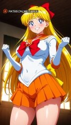 1girls ai_generated back_bow bishoujo_senshi_sailor_moon blonde_hair blue_eyes blush bow breasts brooch choker circlet covered_navel earrings elbow_gloves female gloves grin hair_ribbon hairbow heart heart_brooch indoors jewelry large_breasts leotard long_hair looking_at_viewer magical_girl meitabuu minako_aino miniskirt orange_bow orange_choker orange_sailor_collar orange_skirt pleated_skirt red_bow sailor_collar sailor_senshi_uniform sailor_venus shirt skirt smile smiling_at_viewer solo star_choker stud_earrings thighs tiara very_long_hair white_gloves white_leotard white_shirt