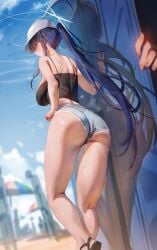 1other absurdres after_sex ass bare_arms bare_shoulders blue_archive blue_hair blush breasts closed_mouth female grey_shorts halo hat highres large_breasts long_hair outdoors ponytail rororo saori_(blue_archive) saori_(swimsuit)_(blue_archive) short_shorts shorts solo_focus standing sweat thighs white_hat