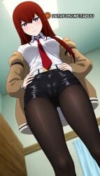 ai_generated ass_visible_through_thighs belt belt_buckle black_pantyhose black_shorts blue_eyes blurry blurry_background blush breast_pocket breasts brown_coat brown_hair brown_jacket buckle ceiling ceiling_light closed_mouth coat collared_shirt curtains depth_of_field dress_shirt dutch_angle feet_out_of_frame female from_below hair_between_eyes hands_on_own_hips indoors jacket long_hair long_sleeves looking_at_viewer looking_down makise_kurisu medium_breasts meitabuu necktie off_shoulder open_clothes open_jacket pantyhose pantyhose_under_shorts pocket purple_eyes red_hair red_necktie shirt shirt_tucked_in short_shorts shorts sidelocks smile solo standing steins;gate steins;gate_0 straight_hair thighs white_belt white_shirt