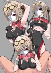 1boy armpits black-framed_eyewear blonde_hair breasts bun_cover catstudioinc_(punepuni) china_dress chinese_clothes cleavage cleavage_cutout clothing_cutout cum cum_on_body cum_on_breasts cum_on_clothes double_bun dress eyewear_on_head facing_viewer female fur_trim hair_bun highres looking_at_viewer mask medium_breasts medium_hair paizuri penis standing sunglasses sweat sweety_(zenless_zone_zero) underboob zenless_zone_zero